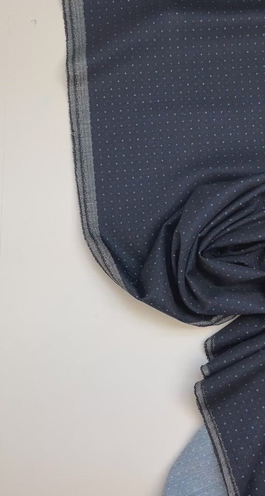 Tissu en laine italienne bleu foncé à petits pois – 155 g/m²