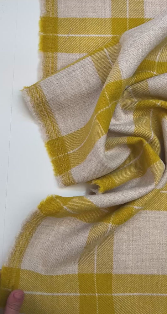 Tissu italien en laine et alpaga à carreaux, tons jaune moutarde – 375 g/m²