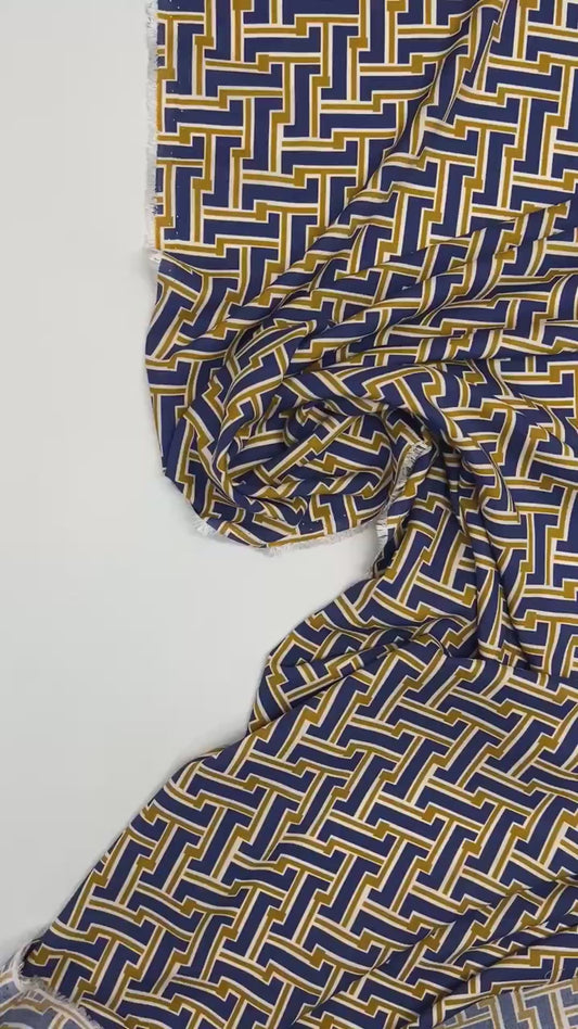 Italienischer Stoff aus 100 % Viskose, braun-blau mit abstraktem Muster, 150 g/m²