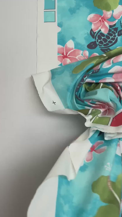 Tissu français à motif floral tropical dans des tons bleu-vert – 160 g/m²