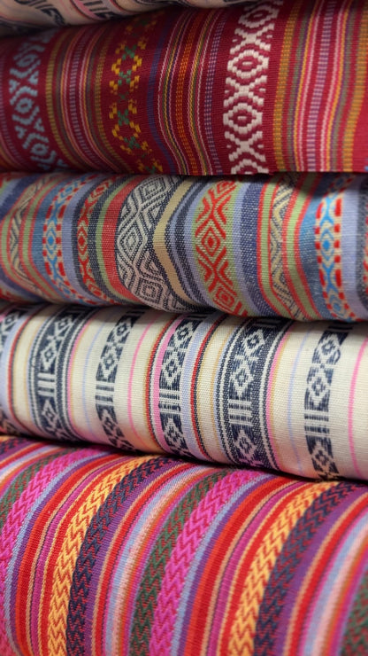 Folk Pattern Fabric - Light Blue and Orange Tones 200 g/m²
