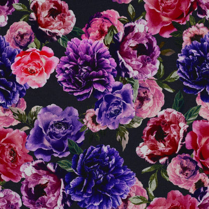 Tissu en maille Punta di Roma - fleurs lilas et roses 280 g/m²