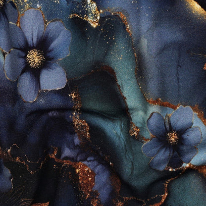 Bild mit Punto-di-Roma-Strickstoff mit blauem und goldenem Muster – online bei Šarlotes audumi erhältlich
