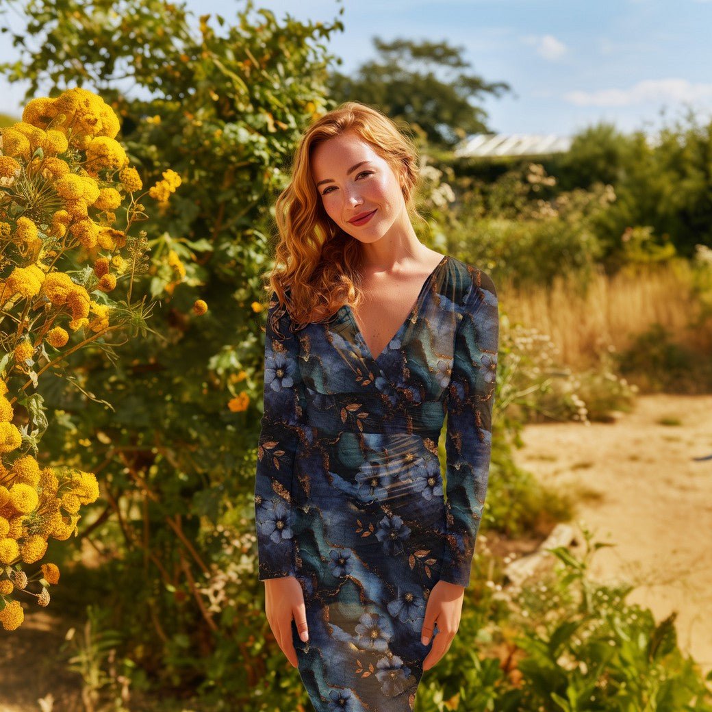 Bild mit Punto-di-Roma-Strickstoff mit blauem und goldenem Muster – online bei Šarlotes audumi erhältlich