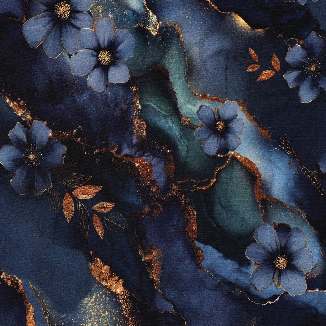 Bild mit Punto-di-Roma-Strickstoff mit blauem und goldenem Muster – online bei Šarlotes audumi erhältlich