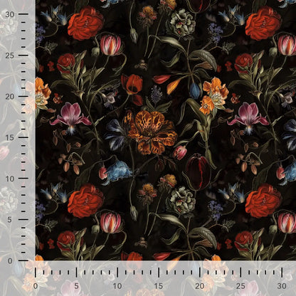 Viskose-Gabardine-Stoff – Blumen auf Schwarz