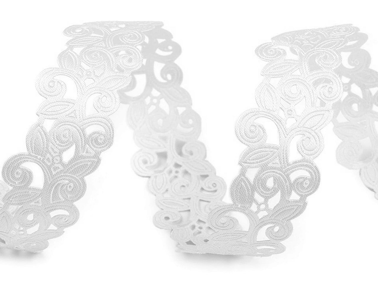 Attēls ar Satīna mežģīņu lente (laser - cut) | 22 mm balta – pieejams Šarlotes audumi