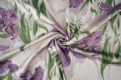 Satin avec élasthanne - orchidées lilas 80 g/m²