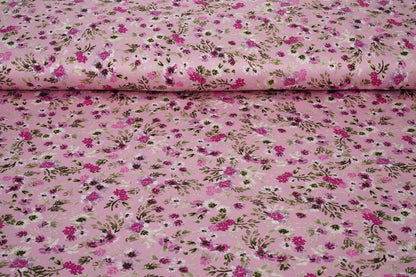 Satin avec élasthanne - fleurs sur fond rose 80 g/m²