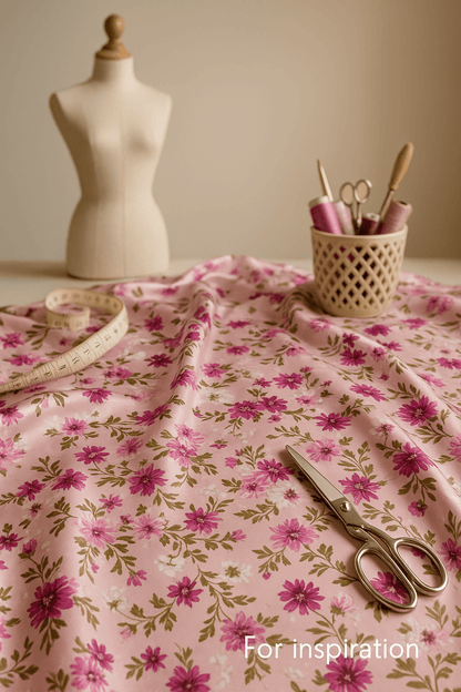 Satin avec élasthanne - fleurs sur fond rose 80 g/m²