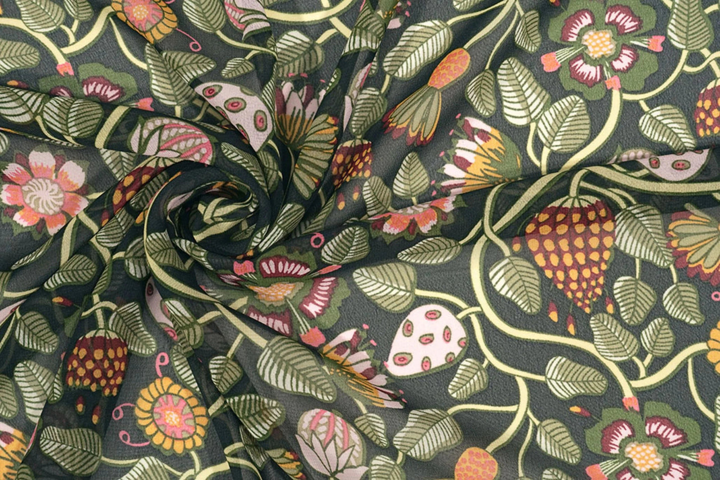 Attēls ar Šifons - ziedi ar zaļām stīgām| 150 cm | 65 g/m² – pieejams Šarlotes audumi