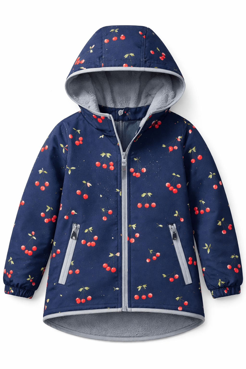 Image avec tissu softshell - cerises sur fond bleu foncé 300 g/m² – disponible chez Šarlotes audumi