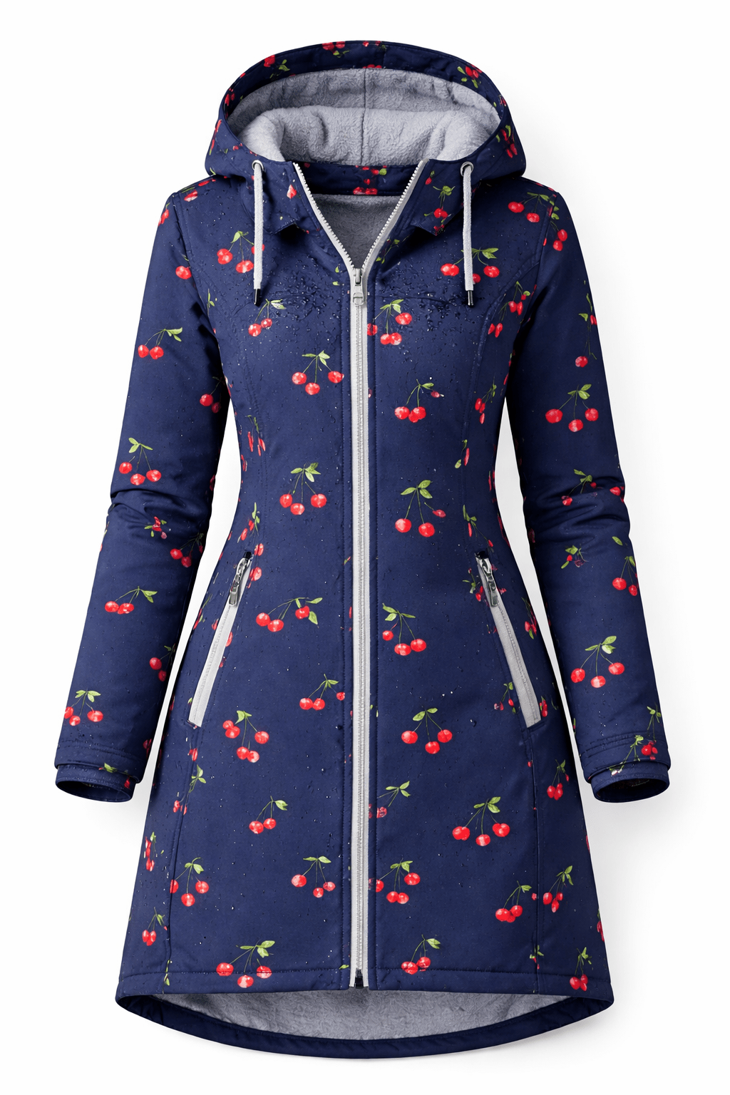 Image avec tissu softshell - cerises sur fond bleu foncé 300 g/m² – disponible chez Šarlotes audumi