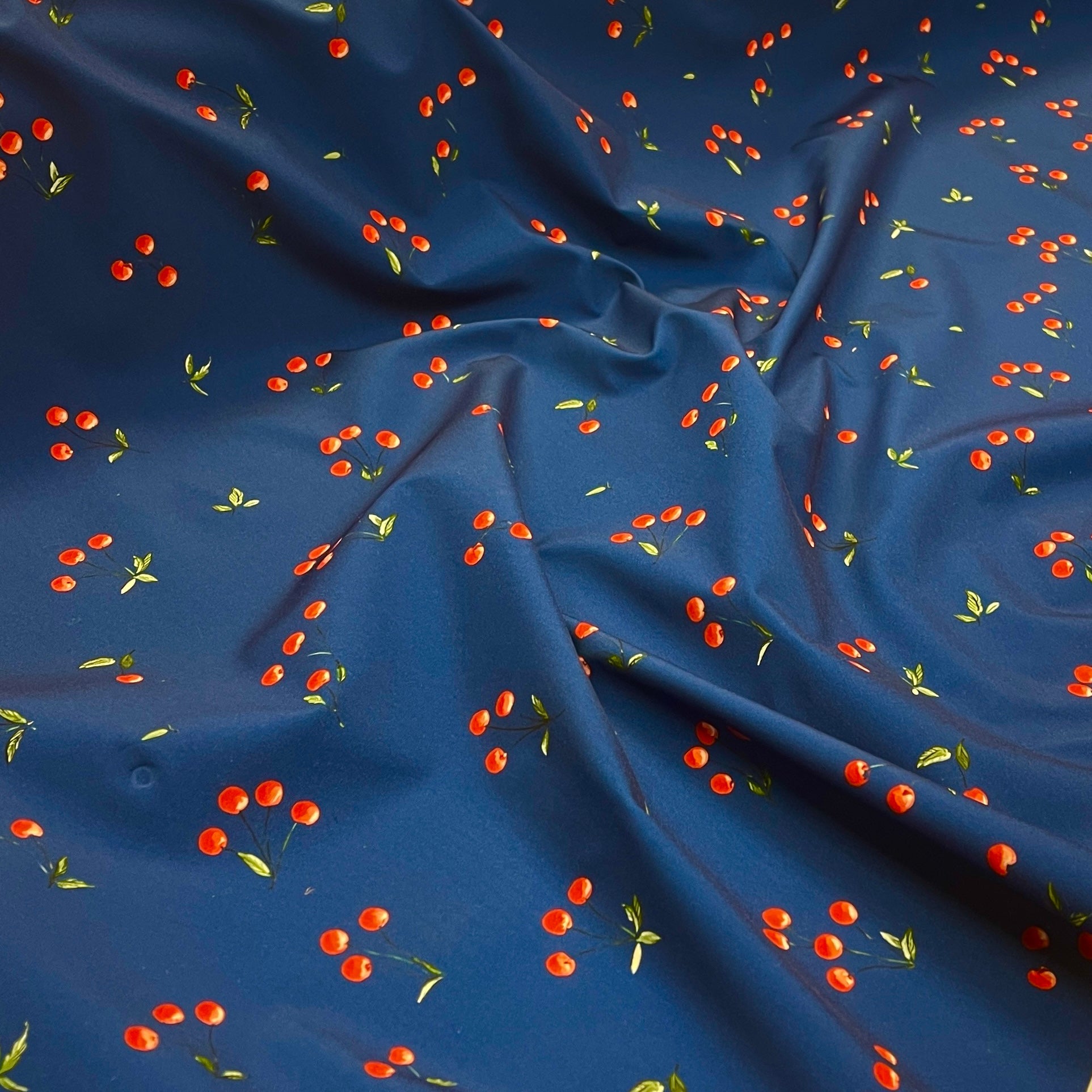 Image avec tissu softshell - cerises sur fond bleu foncé 300 g/m² – disponible chez Šarlotes audumi