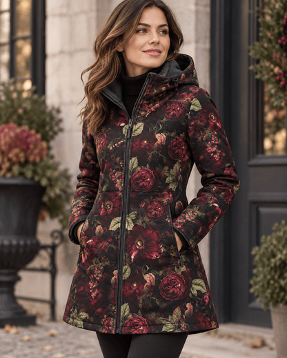 Bild mit Softshell-Stoff – rosa Blumen auf dunklem Hintergrund, online bei Šarlotes audumi erhältlich