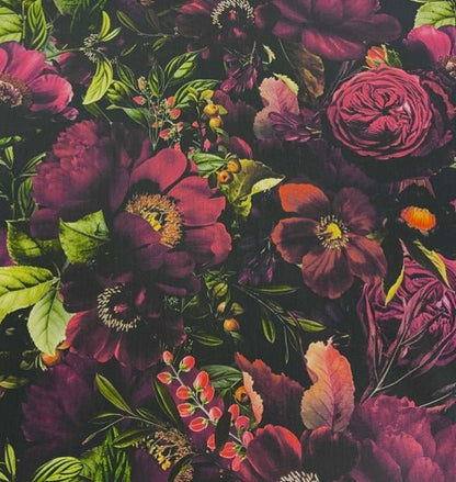 Bild mit Softshell-Stoff – rosa Blumen auf dunklem Hintergrund, online bei Šarlotes audumi erhältlich