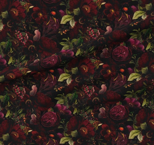 Attēls ar Softshell audums - tumšo ziedu motīvs 300 g/m² – pieejams Šarlotes audumi