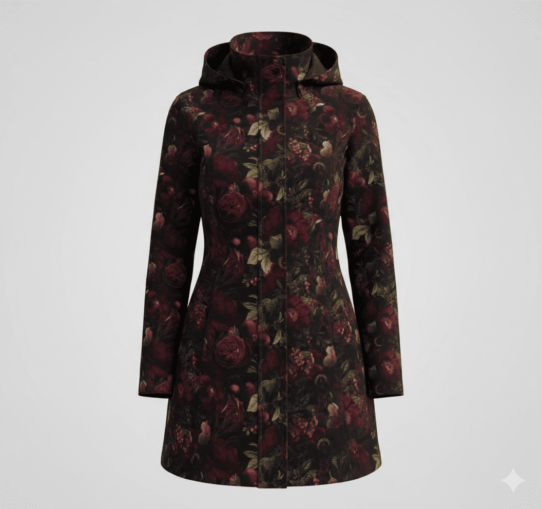 Attēls ar Softshell audums - tumšo ziedu motīvs 300 g/m² – pieejams Šarlotes audumi