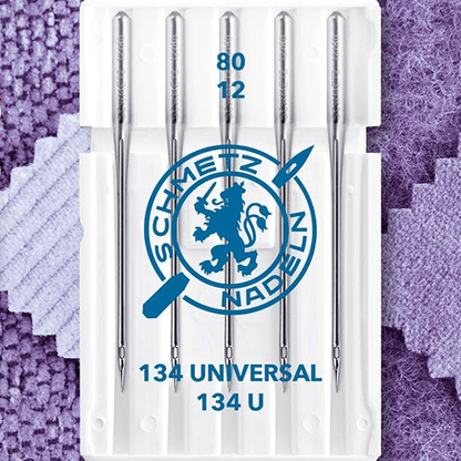 Image de l'aiguille pour machine à coudre SCHMETZ 134 UNIVERSAL à talon rond n°80 (5 pcs) – disponible chez Šarlotes audumi