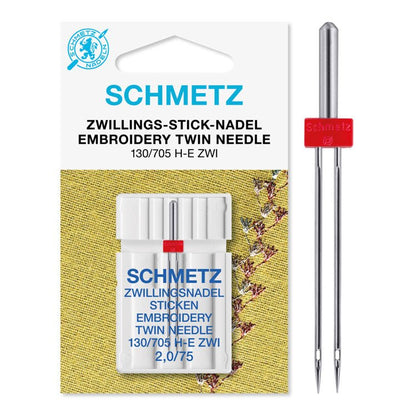Aiguille double de broderie SCHMETZ EMBROIDERY TWIN NEEDLE ZWI - n° 2/75 (1 pièce) – disponible chez Šarlotes audumi