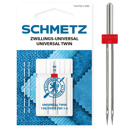 Image d’une aiguille double universelle pour machine à coudre SCHMETZ UNIVERSAL TWIN ZWI - Nr.1,6/80 (1 pièce) – disponible chez Šarlotes audumi