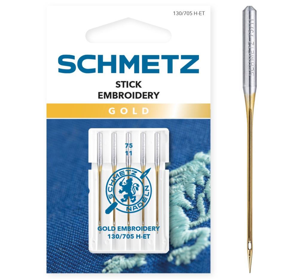 Attēls ar Šujmašīnu adatas izšūšanai SCHMETZ EMBROIDERY GOLD NEEDLES - Nr.75 (5gab.) – pieejams Šarlotes audumi