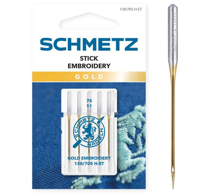 Attēls ar Šujmašīnu adatas izšūšanai SCHMETZ EMBROIDERY GOLD NEEDLES - Nr.75 (5gab.) – pieejams Šarlotes audumi