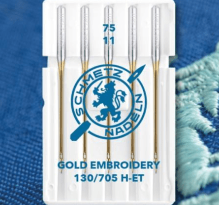 Attēls ar Šujmašīnu adatas izšūšanai SCHMETZ EMBROIDERY GOLD NEEDLES - Nr.75 (5gab.) – pieejams Šarlotes audumi