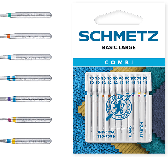 Attēls ar Šujmašīnu adatu komplekts SCHMETZ CREATIVE 10 JEANS/UNIVERSAL/STRETCH (10gab.) – pieejams Šarlotes audumi