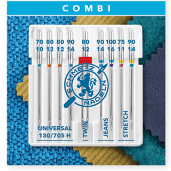 Image du lot d'aiguilles pour machine à coudre SCHMETZ CREATIVE 9 UNIVERSAL/ZWI/STRETCH/JEANS (9 pièces) – disponible chez Šarlotes audumi