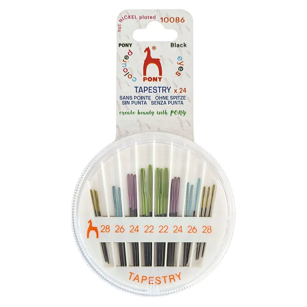 Image de aiguilles à coudre Pony Black Tapestry Needles — chas colorés, tailles 22–28 — disponible chez Šarlotes audumi