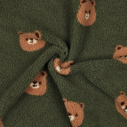 Bild mit Teddy-Fleece-Bären auf Dunkelgrün – online erhältlich bei Šarlotes audumi