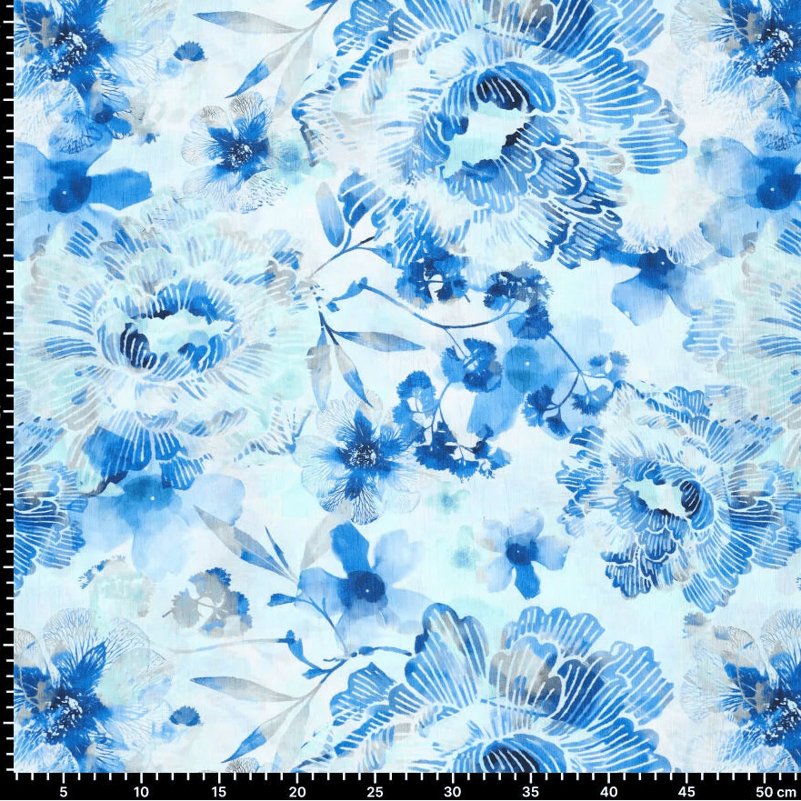 Attēls ar Viskozes audums ar burzījuma efektu - zilas puķes 145 g/m² – pieejams Šarlotes audumi
