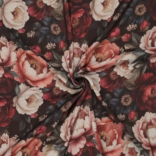 Image de tissu en viscose - pivoines roses, disponible en ligne chez Šarlotes audumi