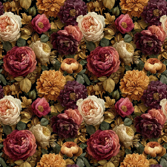 Bild mit Viskose-Gabardine-Stoff – Pfingstrosen und Rosen – online erhältlich bei Šarlotes audumi