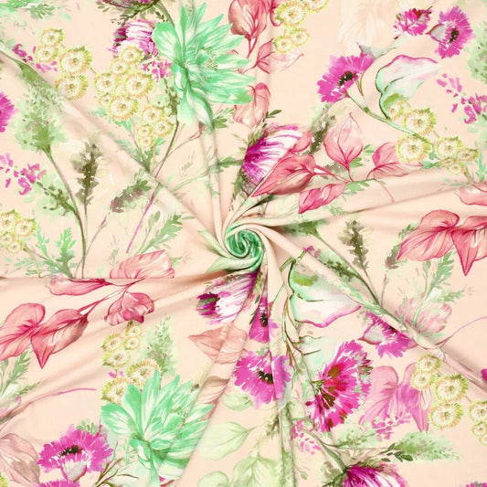 Attēls ar Viskozes trikotāža - ziedi 220 g/m² – pieejams Šarlotes audumi