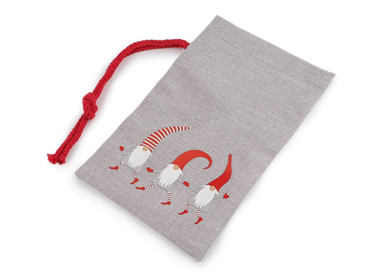 Bild eines Weihnachtsgeschenksacks mit drei Wichtel-Designs, 15x25 cm – online erhältlich bei Šarlotes audumi