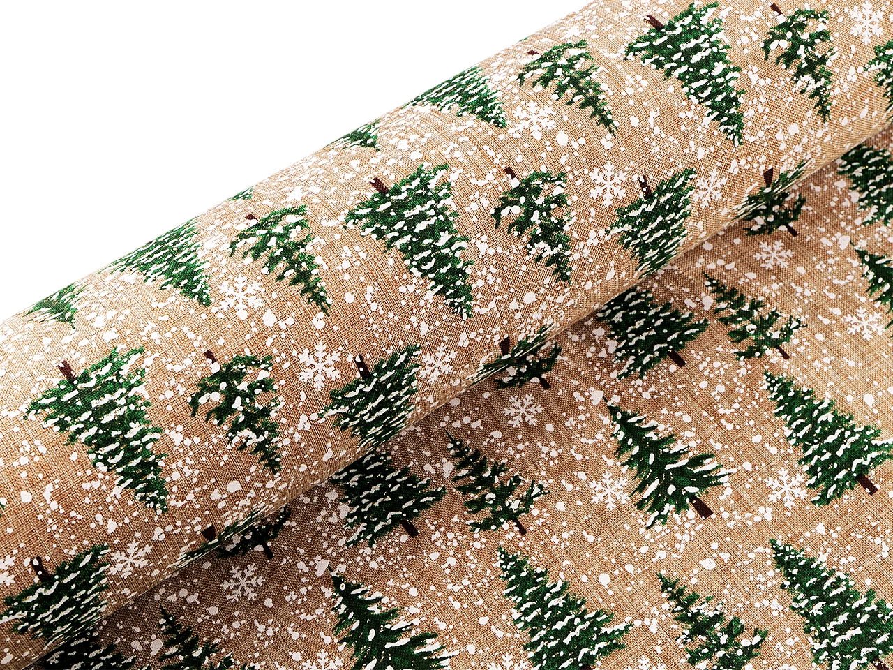 Bild mit weihnachtlichem Dekostoff mit Tannenbäumen und Schnee – online erhältlich bei Šarlotes audumi