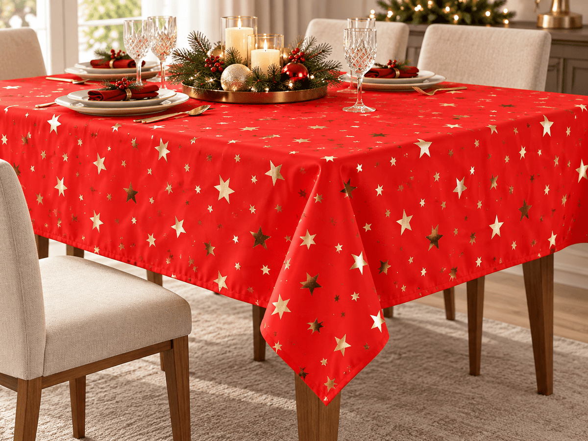 Bild eines dekorativen Weihnachtsstoffs mit goldenen Sternen – online erhältlich bei Šarlotes audumi