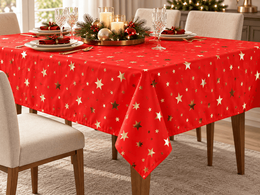 Bild eines dekorativen Weihnachtsstoffs mit goldenen Sternen – online erhältlich bei Šarlotes audumi