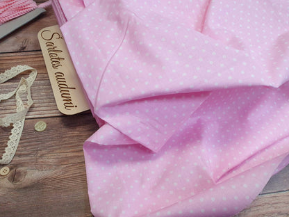 Tissu 100 % coton, pois blancs sur fond rose (4 mm), 130 g/m²