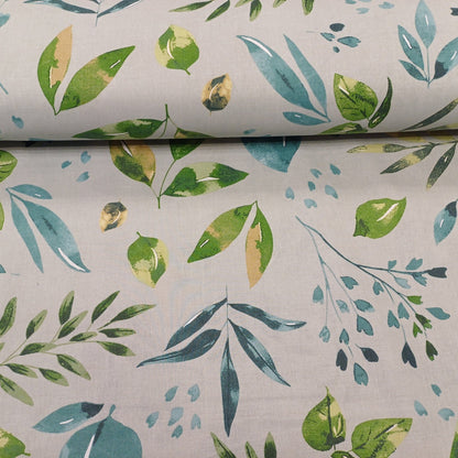 100% tissu en coton - feuilles vertes et bleu pétrole sur fond gris 130 g/m²