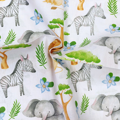 Tissu 100 % coton - animaux et arbre baobab 130 g/m²