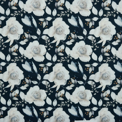 Tissu canvas - roses blanches sur fond bleu foncé 225 g/m²