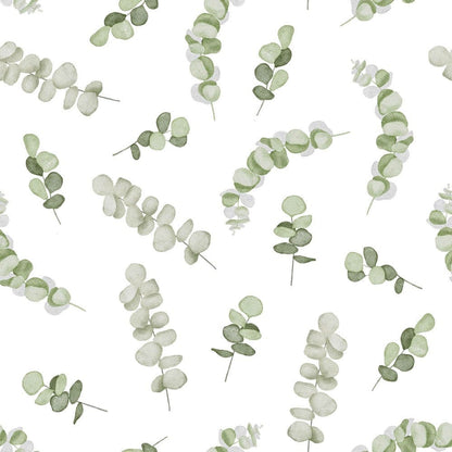 Tissu canevas - eucalyptus sur fond blanc 225 g/m²